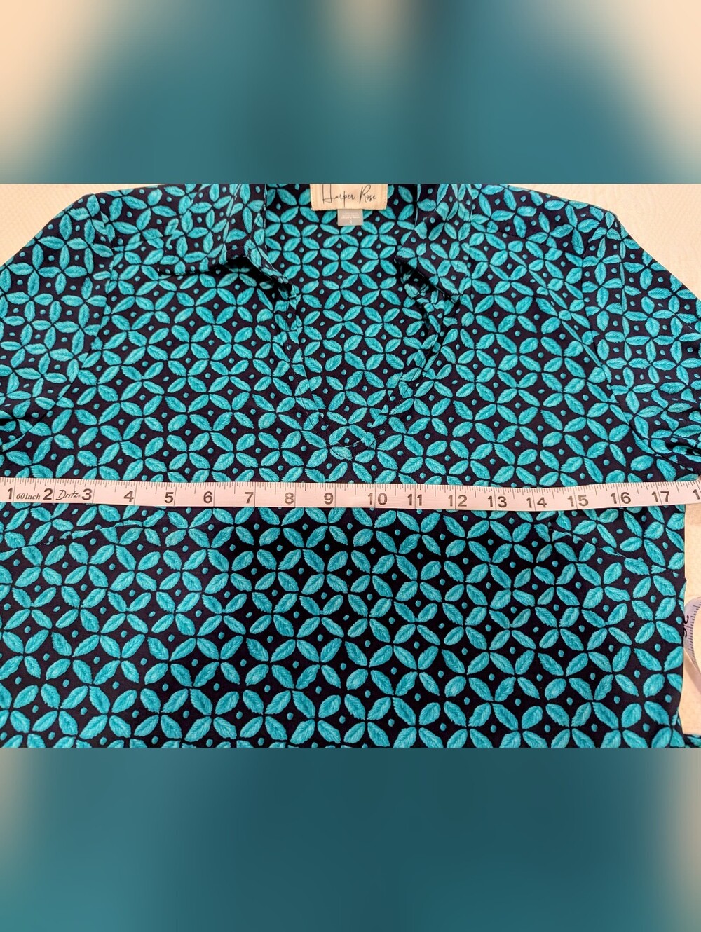 Harper Rose Teal & Navy Geometric Pattern Belted Shirt Dress - Size 8 - Picture 5 of 8